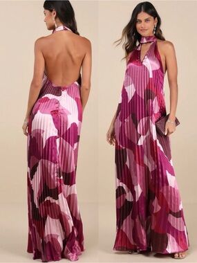 NWT Lulu’s Prime Poise Pink Multi Abstract Satin Halter Maxi Dress Medium Chic